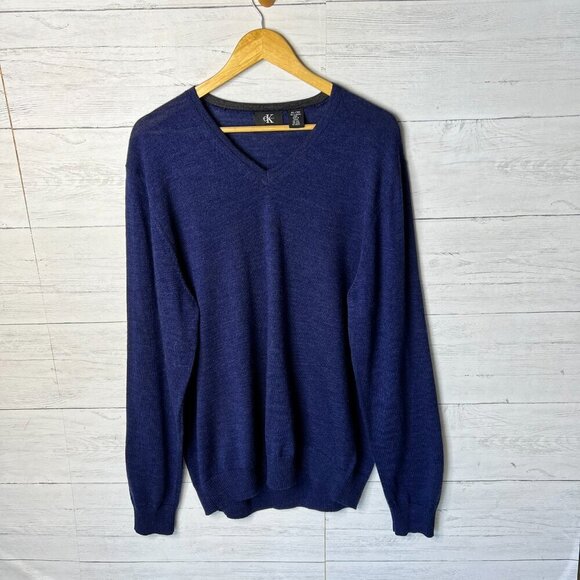 Calvin Klein Sweater Mens Size XL Navy 100% Extra Fine Merino Wool V Neck - Picture 3 of 16
